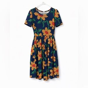 LuLaRoe Amelia Floral Dress Medium NWT Navy Sunflower Fit & Flare